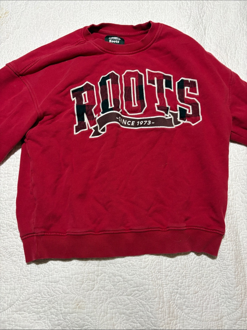 Roots Red Varsity Plaid Logo Crewneck Sweatshirt Fleece XS